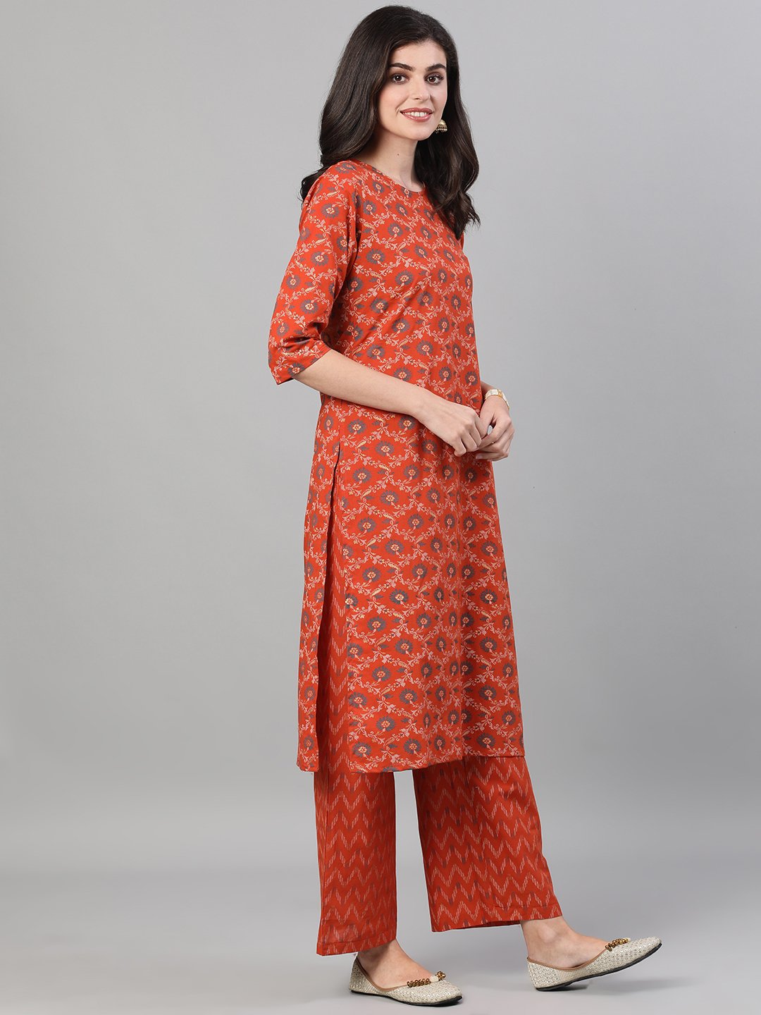 Women's Rust Gold Printed Three-Quarter Sleeves Straight Kurta With Palazzo And Dupatta With Pockets And Face Mask - Nayo Clothing
