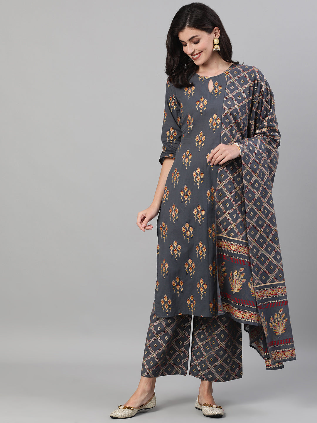 Women's Steel Grey Gold Printed Three-Quarter Sleeves Straight Kurta With Palazzo and Dupatta with pockets And Face Mask - Taantav