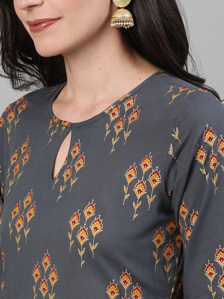 Women's Steel Grey  Gold Printed Three-Quarter Sleeves Straight Kurta With Palazzo and Dupatta with pockets And Face Mask