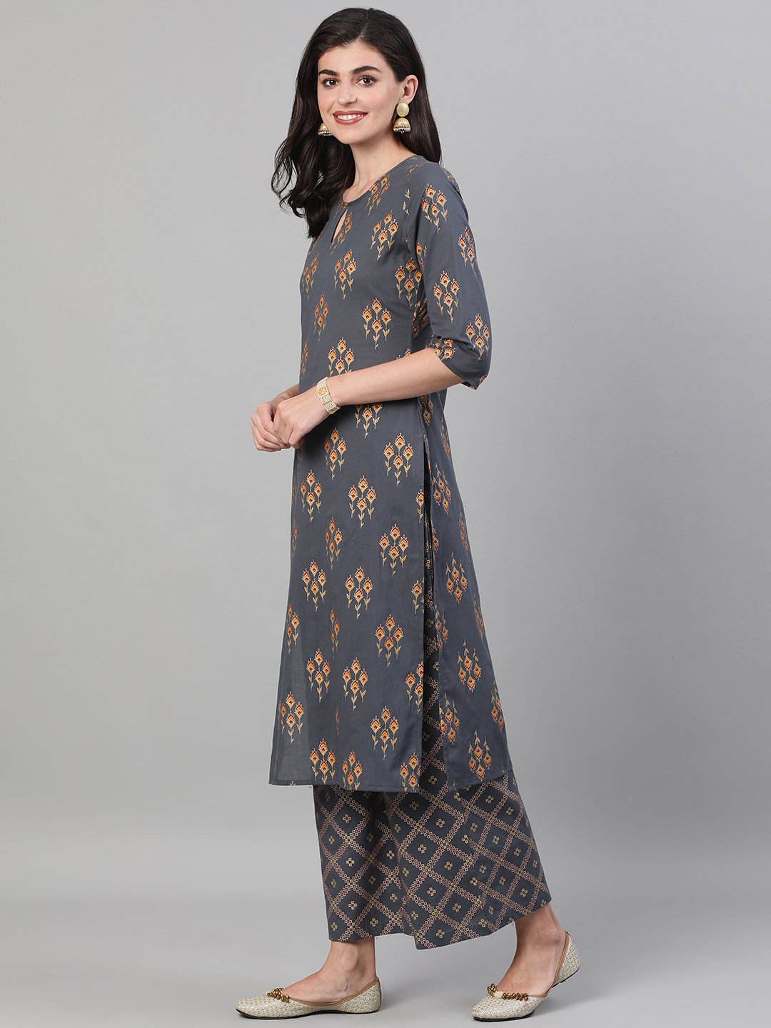 Women's Steel Grey  Gold Printed Three-Quarter Sleeves Straight Kurta With Palazzo and Dupatta with pockets And Face Mask - Nayo Clothing