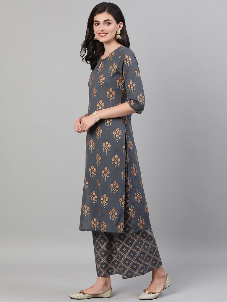 Women's Steel Grey  Gold Printed Three-Quarter Sleeves Straight Kurta With Palazzo and Dupatta with pockets And Face Mask