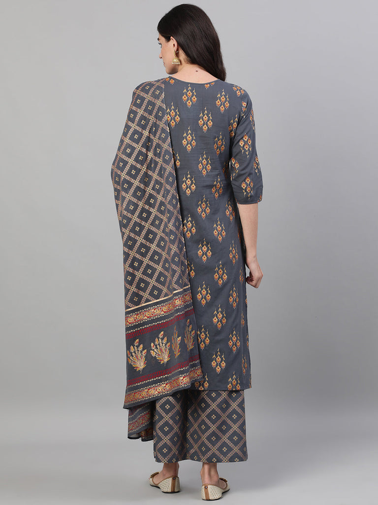 Women's Steel Grey  Gold Printed Three-Quarter Sleeves Straight Kurta With Palazzo and Dupatta with pockets And Face Mask