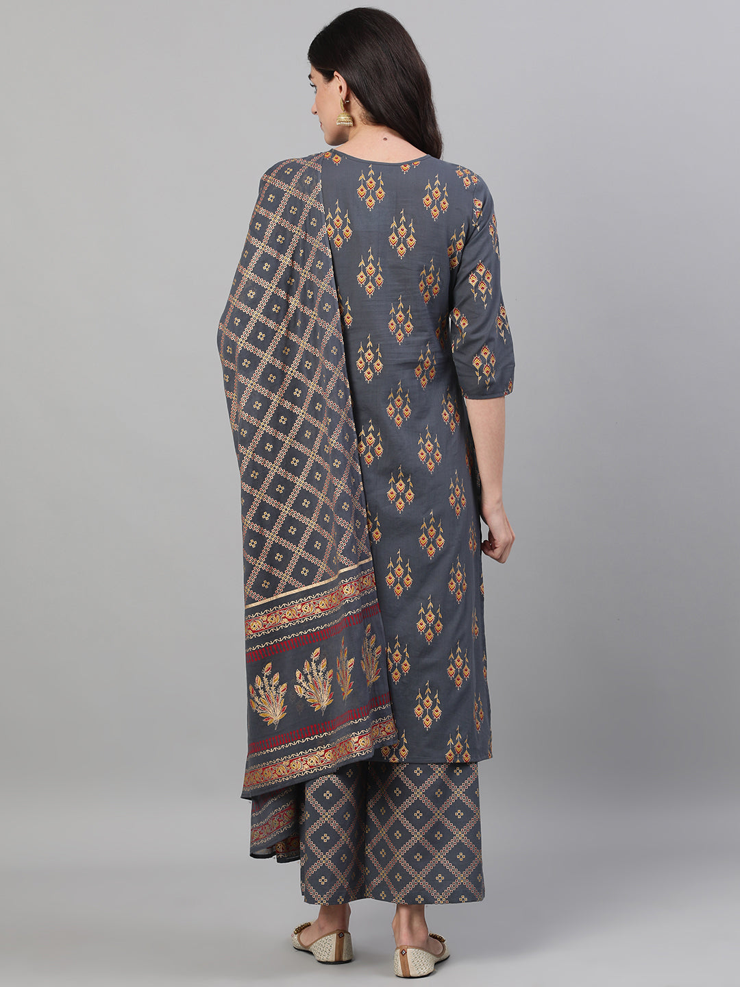 Women's Steel Grey Gold Printed Three-Quarter Sleeves Straight Kurta With Palazzo and Dupatta with pockets And Face Mask - Taantav