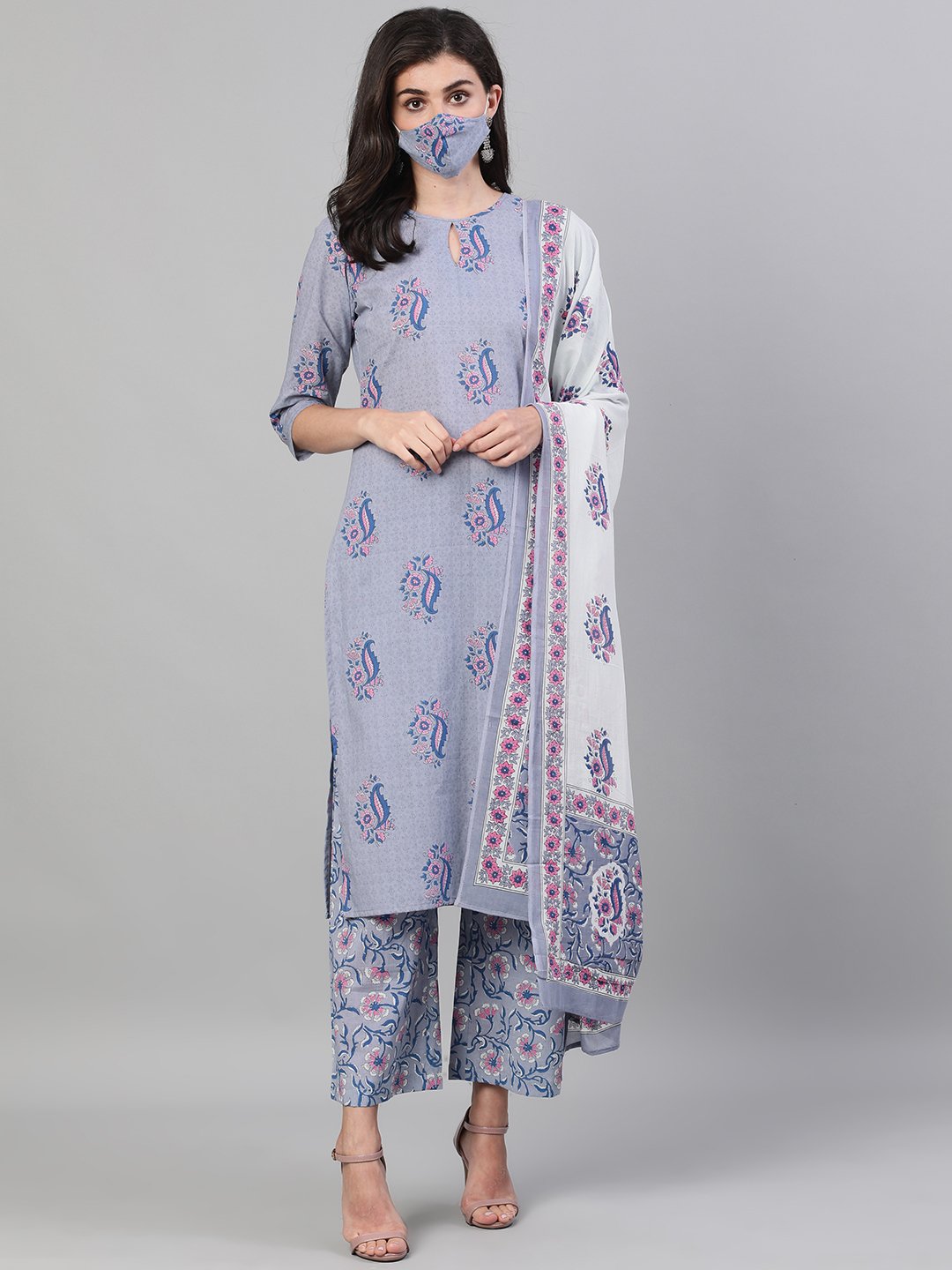 Women's Grey Three-Quarter Sleeves Straight Kurta With Palazzo And Dupatta With Pockets And Face Mask - Nayo Clothing