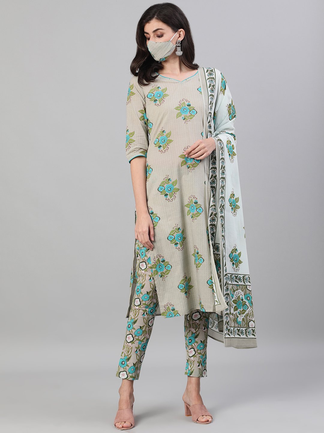 Women's Beige Three-Quarter Sleeves Straight Kurta With Palazzo And Dupatta With Pockets And Face Mask - Nayo Clothing
