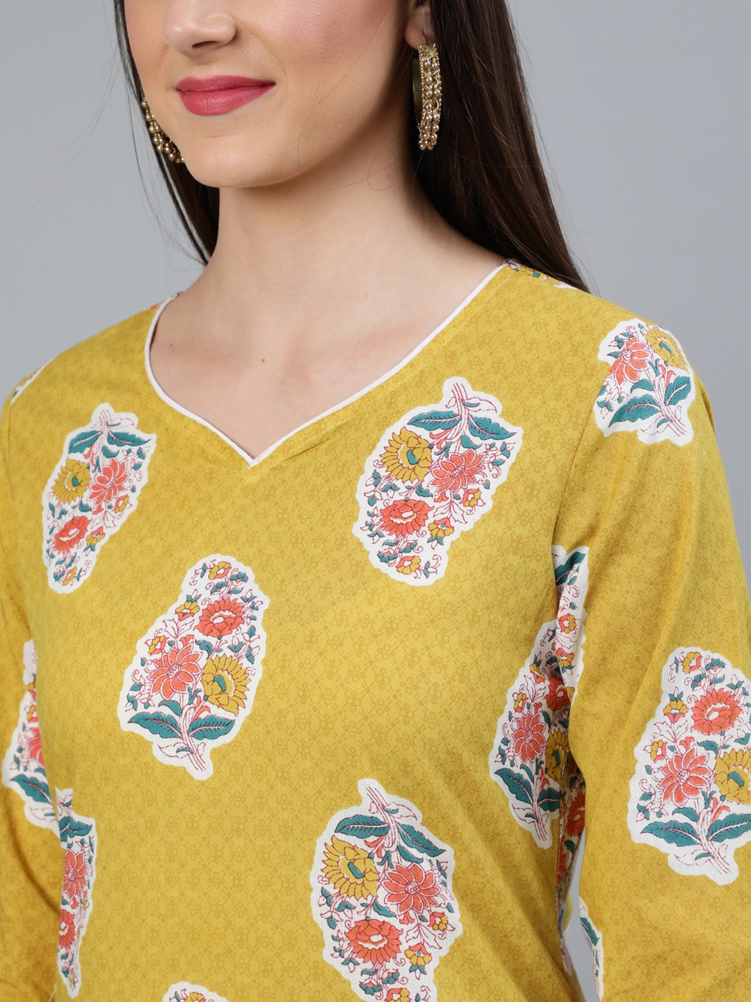 Women's Mustard Three-Quarter Sleeves Straight Kurta With Palazzo And Dupatta With Pockets - Nayo Clothing