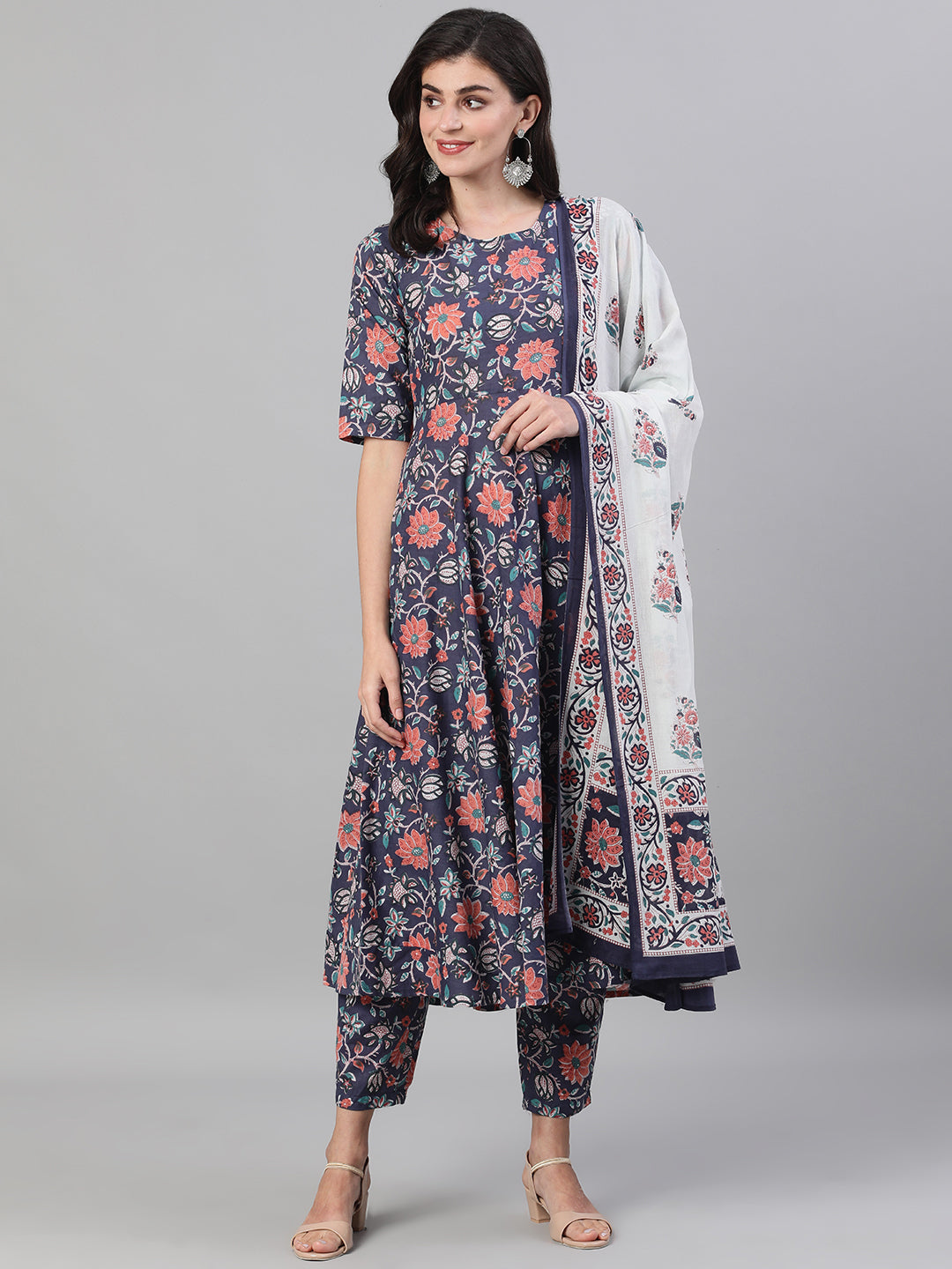 Women's Blue Three-Quarter Sleeves Flared Kurta With Palazzo And Dupatta With Pockets And Face Mask - Nayo Clothing