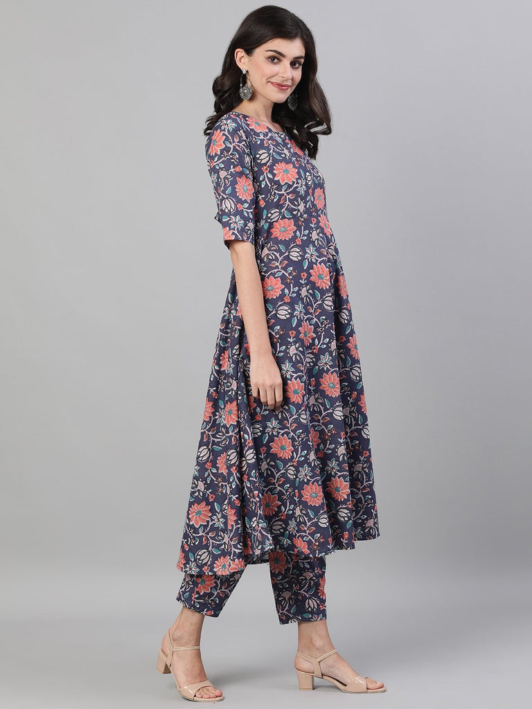 Women's Blue Three Quarter Sleeves Flared Kurta Set