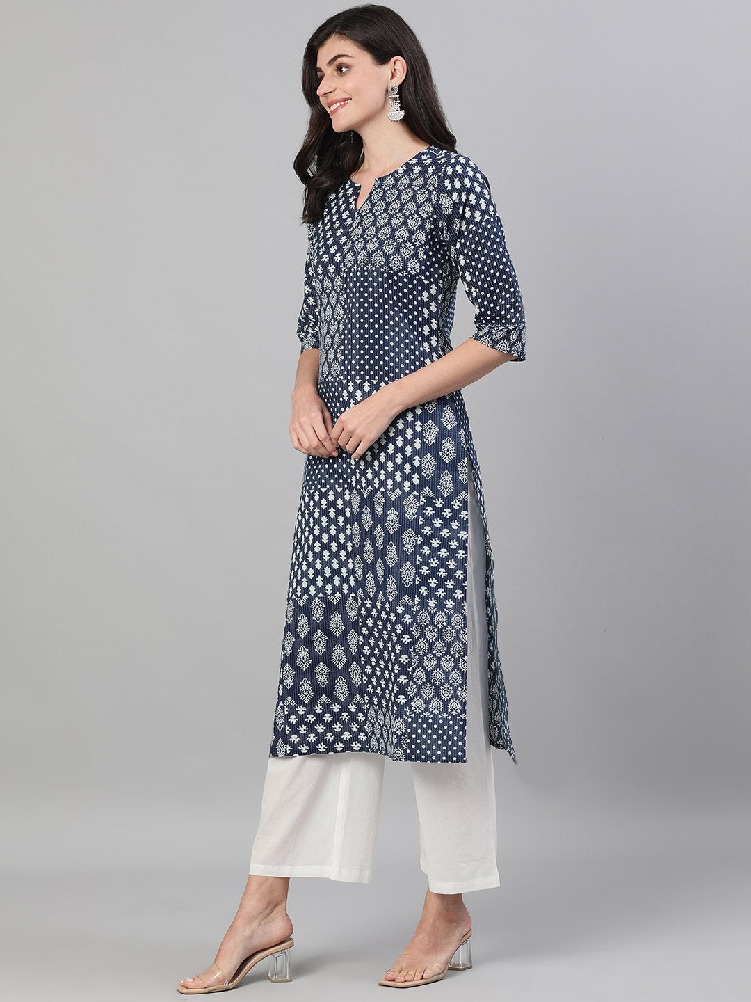 Women's Indigo Calf Length Three-Quarter Sleeves Straight Ethnic Motif Printed Cotton Kurta With Pockets - Nayo Clothing