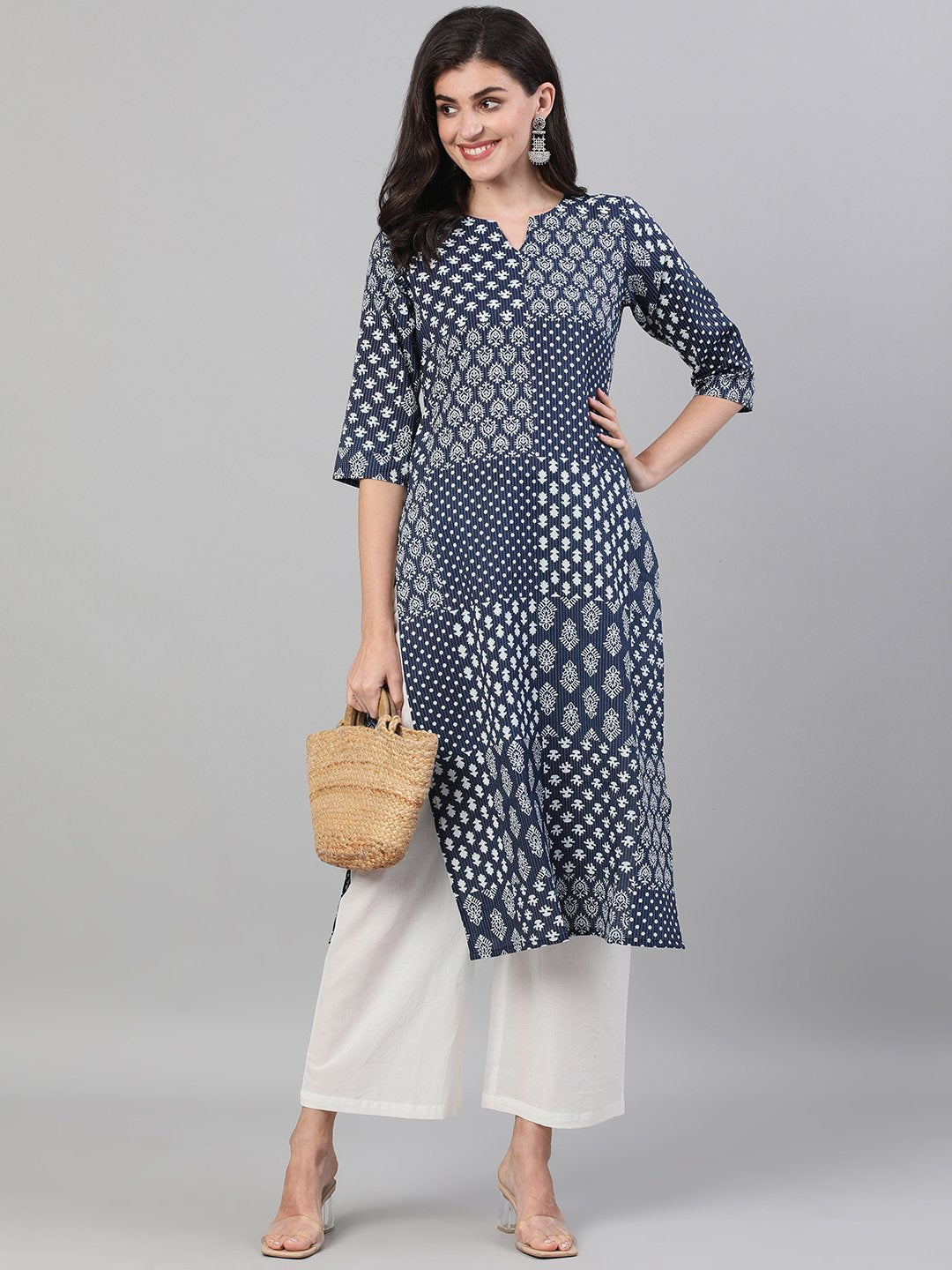 Women's Indigo Calf Length Three-Quarter Sleeves Straight Ethnic Motif Printed Cotton Kurta With Pockets - Nayo Clothing