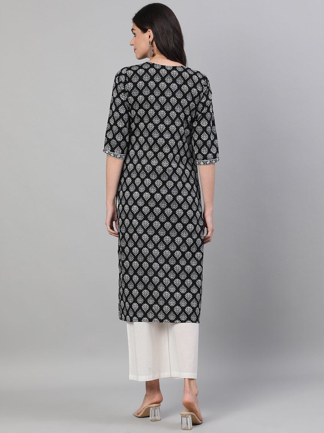 Women's Black Calf Length Three-Quarter Sleeves Straight Ethnic Motif Printed Cotton Kurta With Pockets And Face Mask - Nayo Clothing