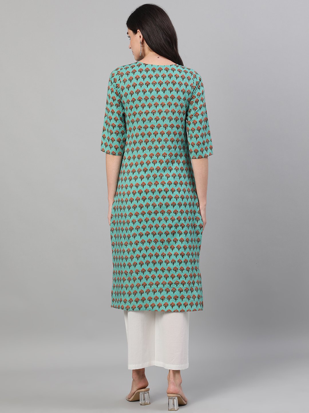 Women's Green Three-Quarter Sleeves Straight Kurta With Palazzo With Pockets - Nayo Clothing