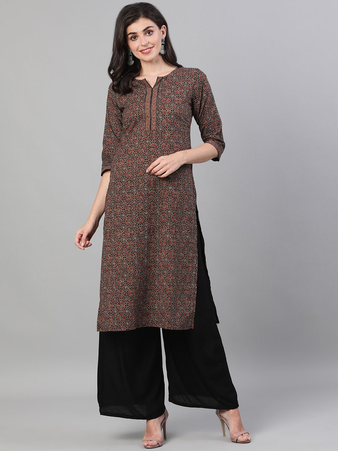 Women's Brown Calf Length Three-Quarter Sleeves Straight Ethnic Motif Printed Cotton Kurta With Pockets And Face Mask - Nayo Clothing