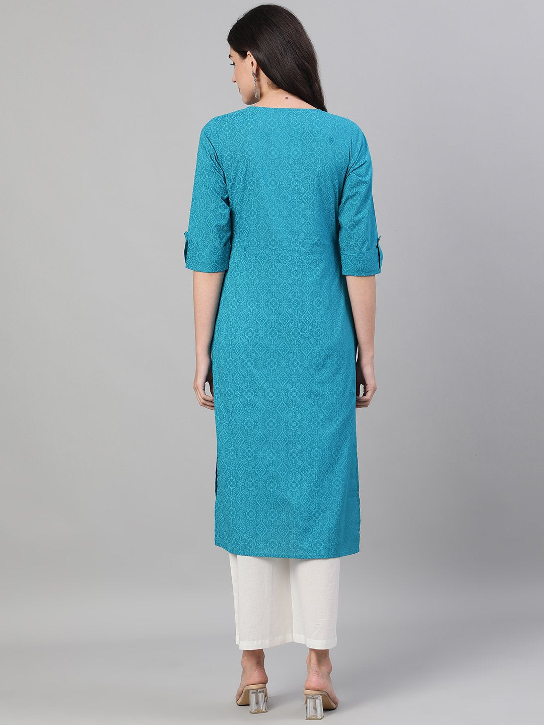Women's Firozi Calf Length Three-Quarter Sleeves Straight Bandhani Printed Cotton Kurta With Pocket - Nayo Clothing