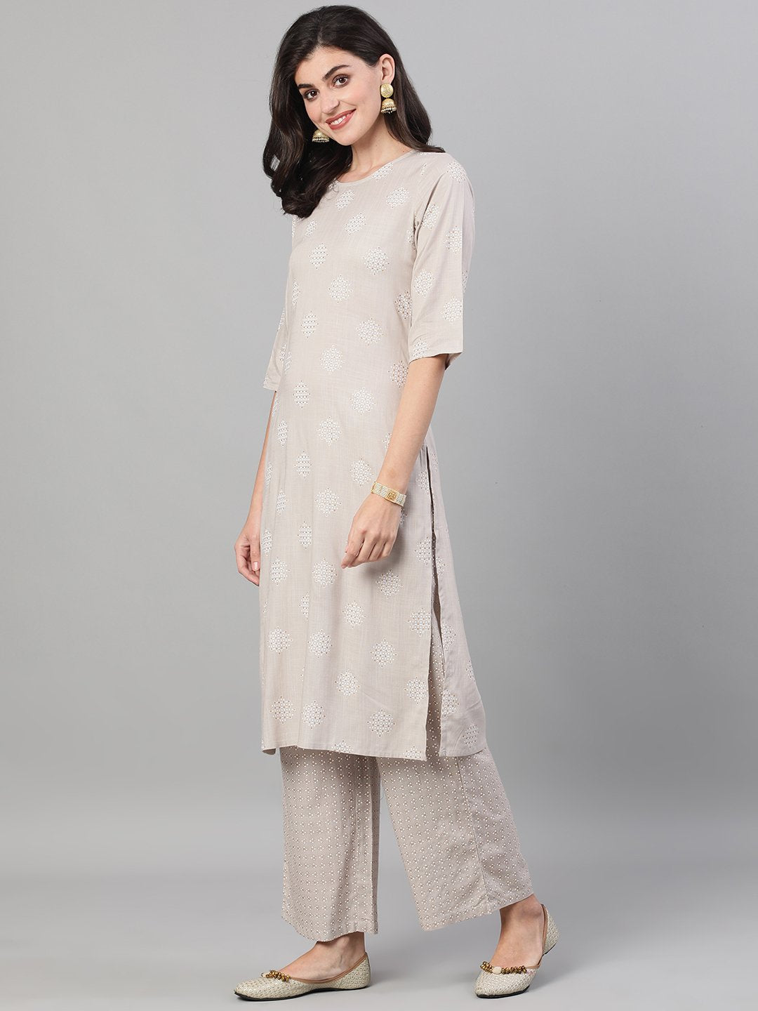 Women's Taupe Three-Quarter Sleeves Straight Kurta With Palazzo With Pockets And Face Mask - Nayo Clothing