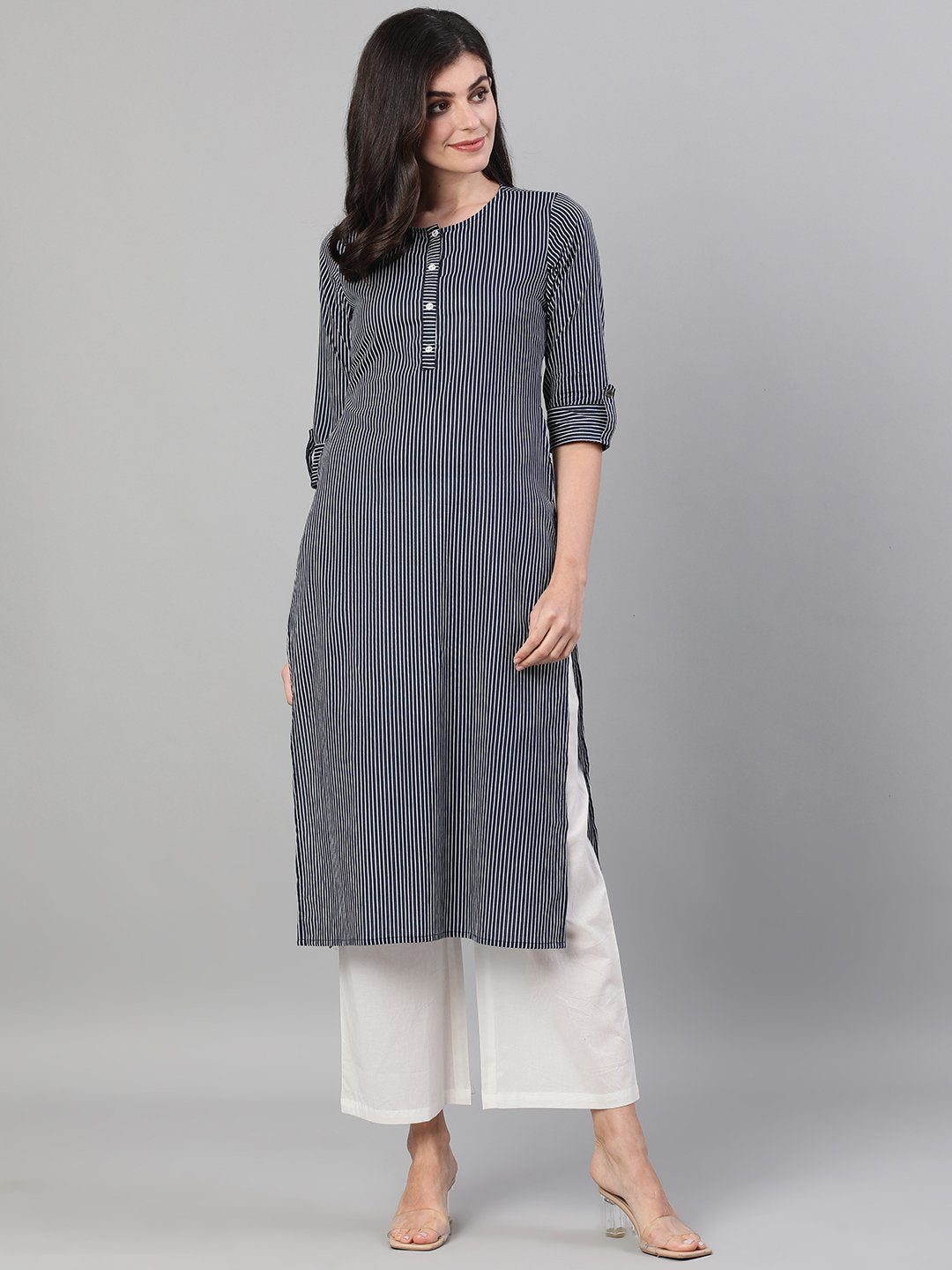 Women's Navy Blue Calf Length Three-Quarter Sleeves Straight Striped Printed Cotton Kurta With Pockets - Nayo Clothing