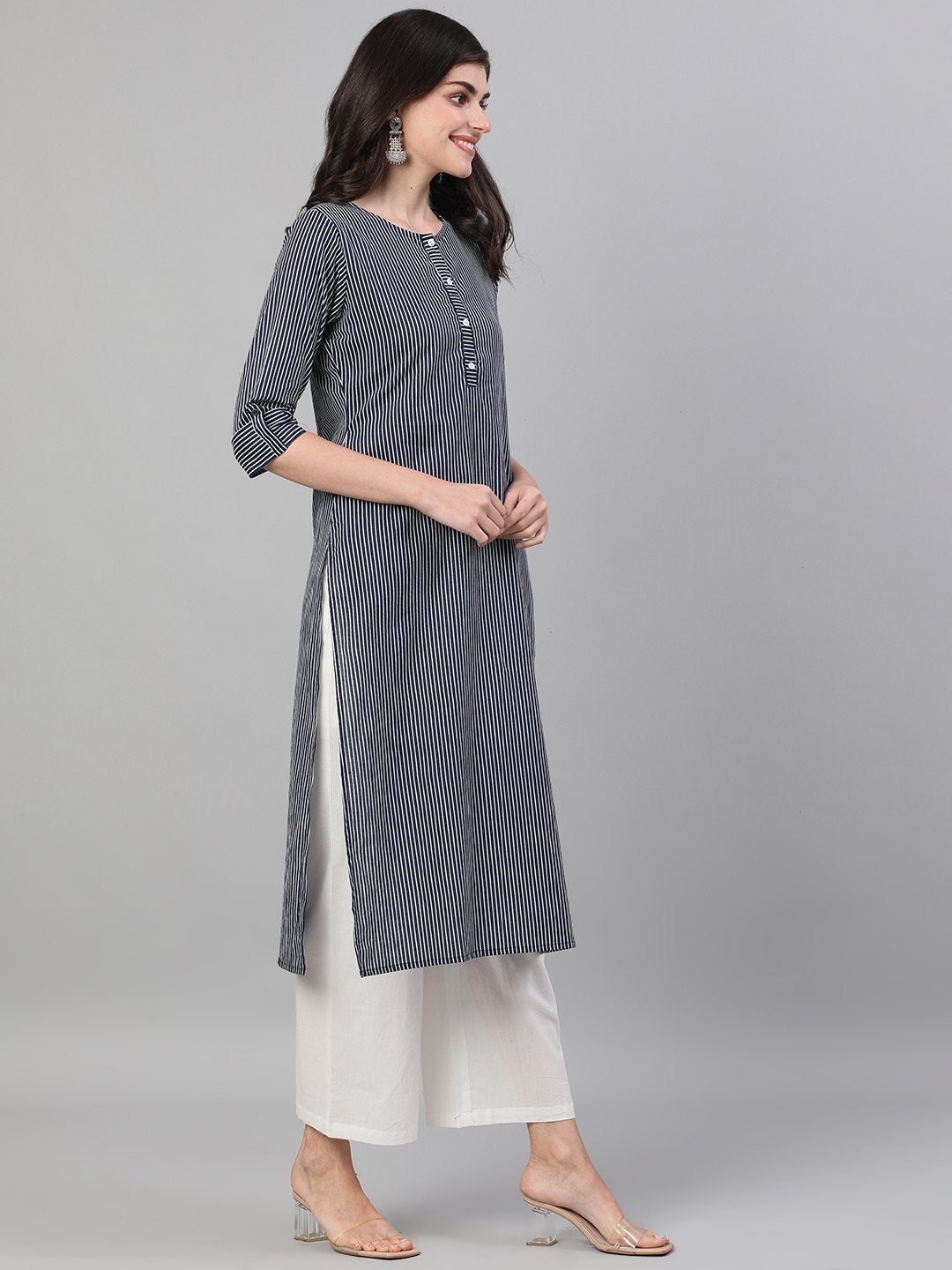 Women's Navy Blue Calf Length Three-Quarter Sleeves Straight Striped Printed Cotton Kurta With Pockets - Nayo Clothing