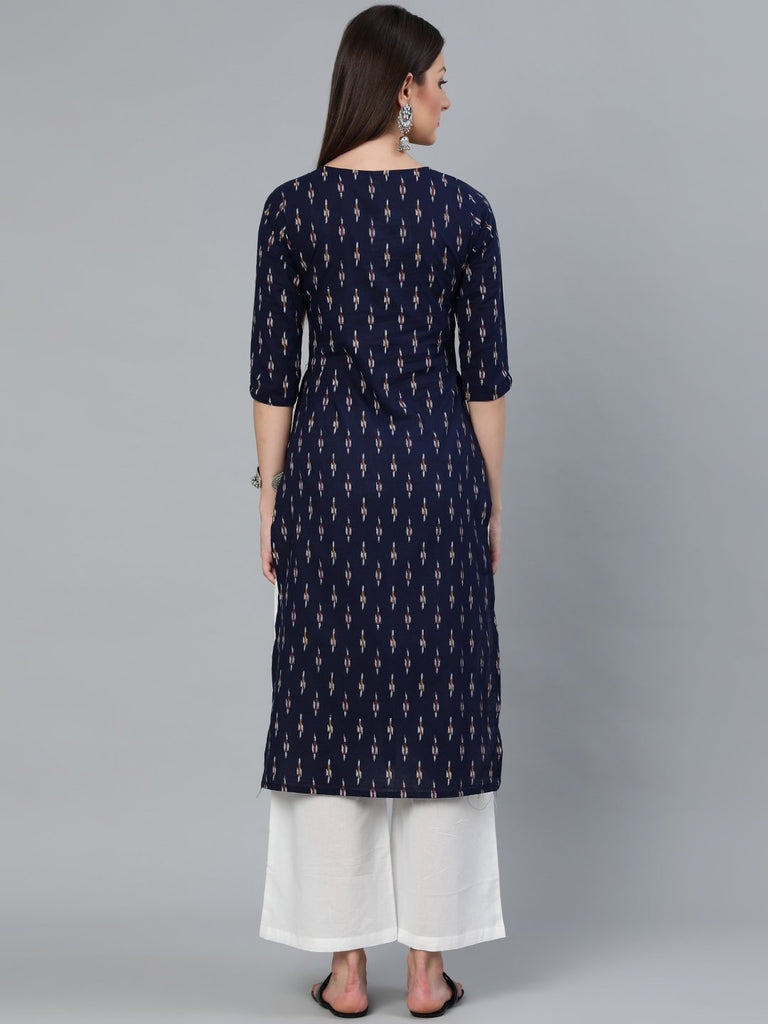 Women's Navy Blue Ikat Printed Straight Kurta With Three Quarters Sleeves