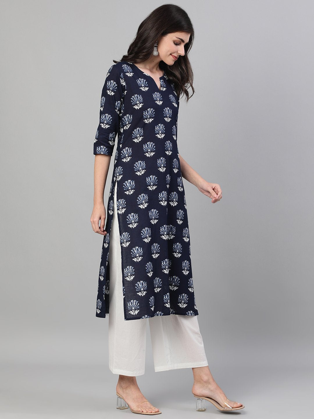 Women's Indigo Calf Length Three-Quarter Sleeves Straight Floral Printed Cotton Kurta With Pockets And Face Mask - Nayo Clothing