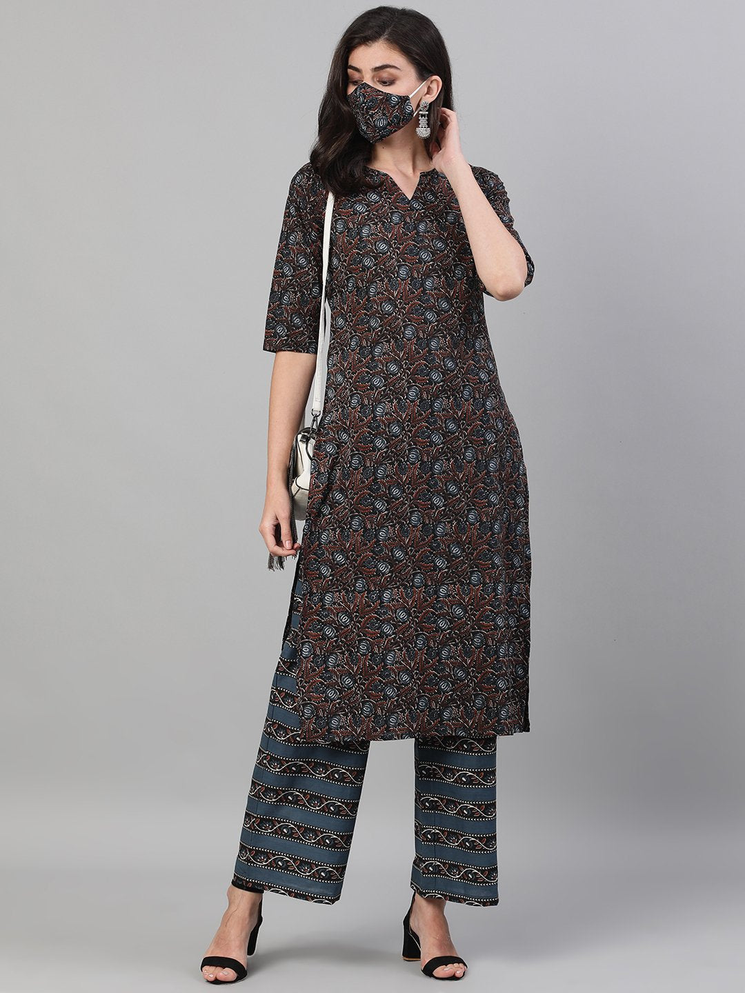 Women's Brown And Blue Three-Quarter Sleeves Straight Kurta With Palazzo With Pockets And Face Mask - Nayo Clothing