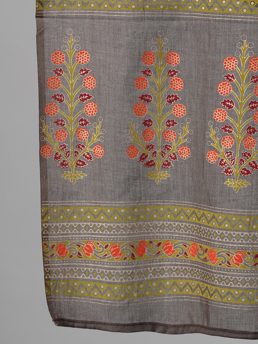 Women's Grey And Orange Gold Printed Three-Quarter Sleeves Straight Kurta With Palazzo And Dupatta With Pockets And Face Mask - Nayo Clothing