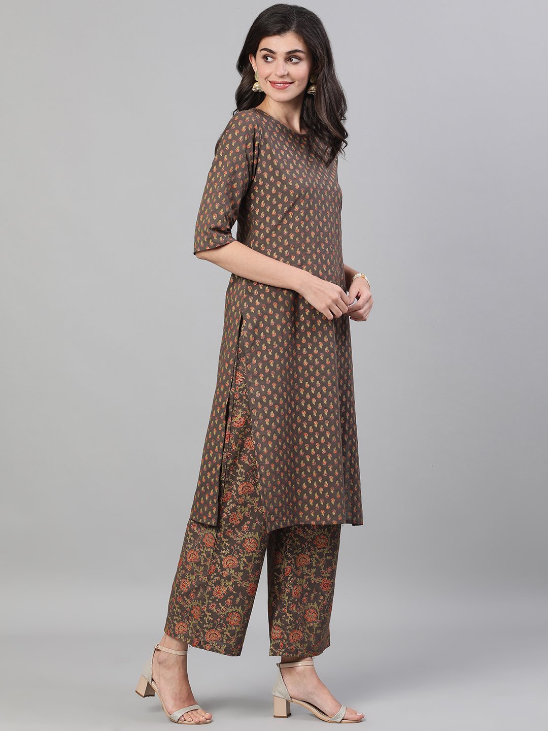 Women's Grey And Orange Gold Printed Three-Quarter Sleeves Straight Kurta With Palazzo And Dupatta With Pockets And Face Mask - Nayo Clothing