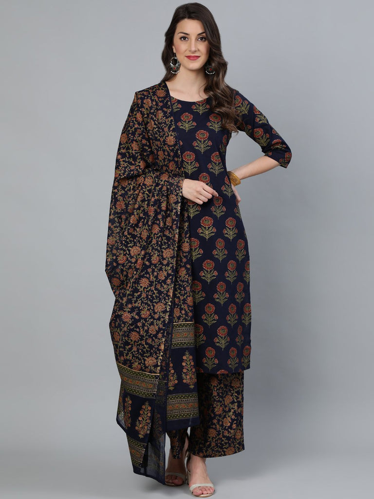 Women's Blue and  Gold Printed traight Kurta With Palazzo & Dupatta