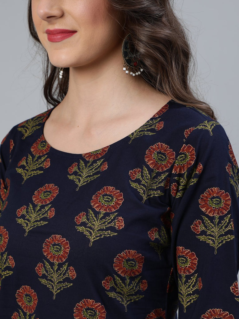 Women's Blue and  Gold Printed traight Kurta With Palazzo & Dupatta