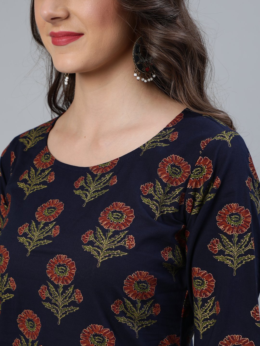 Women's Blue and Gold Printed traight Kurta With Palazzo & Dupatta