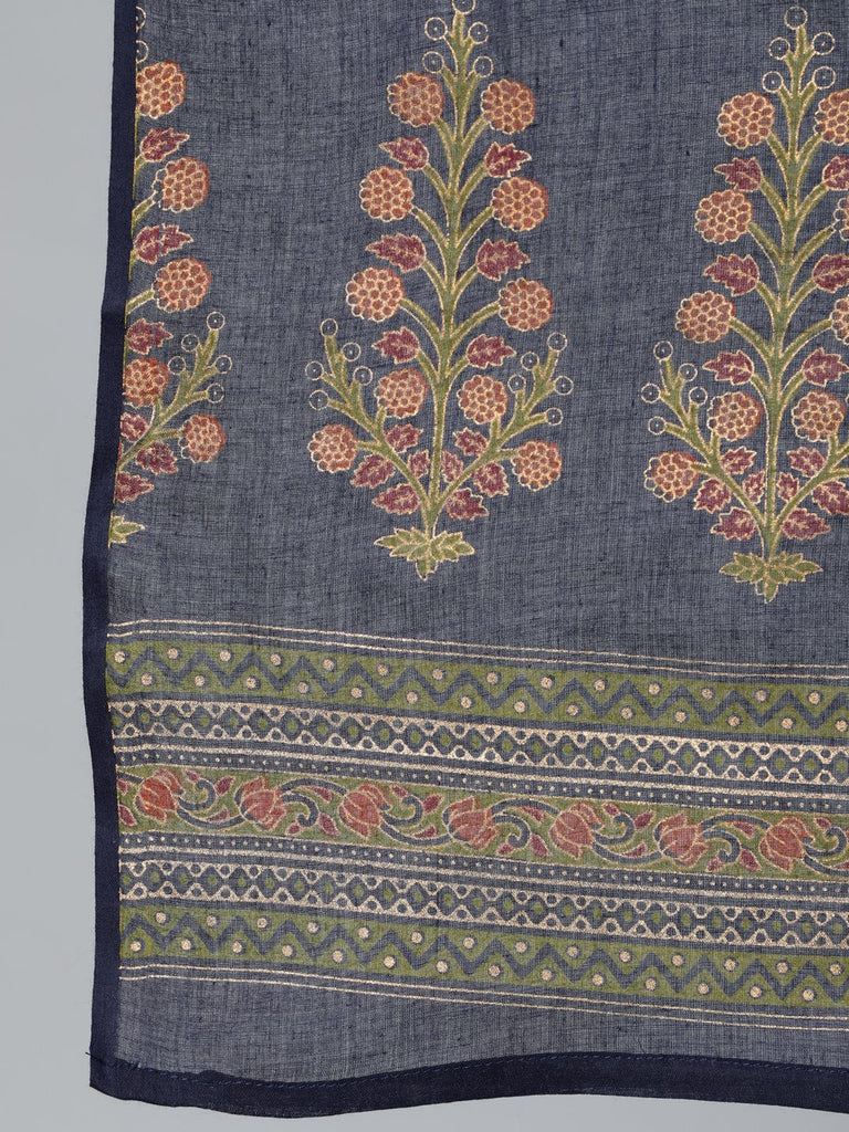 Women's Blue and  Gold Printed traight Kurta With Palazzo & Dupatta