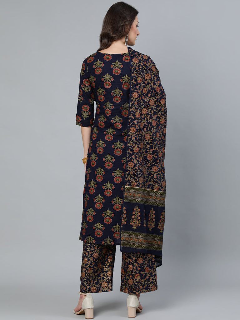 Women's Blue and  Gold Printed traight Kurta With Palazzo & Dupatta