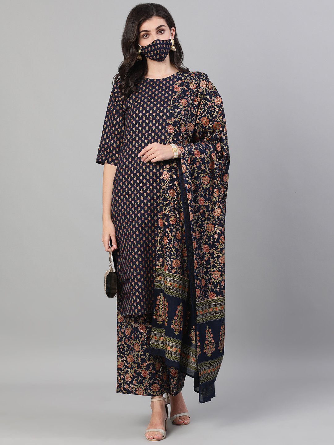 Women's Blue And Orange Gold Printed Three-Quarter Sleeves Straight Kurta With Palazzo And Dupatta With Pockets And Face Mask - Nayo Clothing