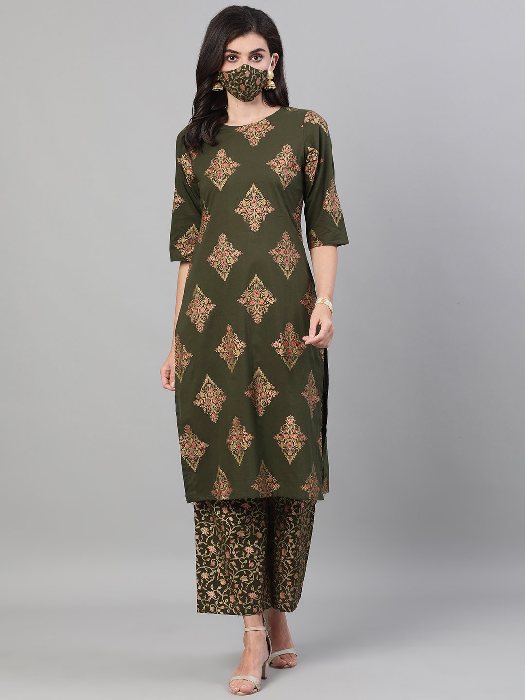 Women's Mehendi Green And Pink Gold Printed Three-Quarter Sleeves Straight Kurta With Palazzo With Pockets And Face Mask - Nayo Clothing