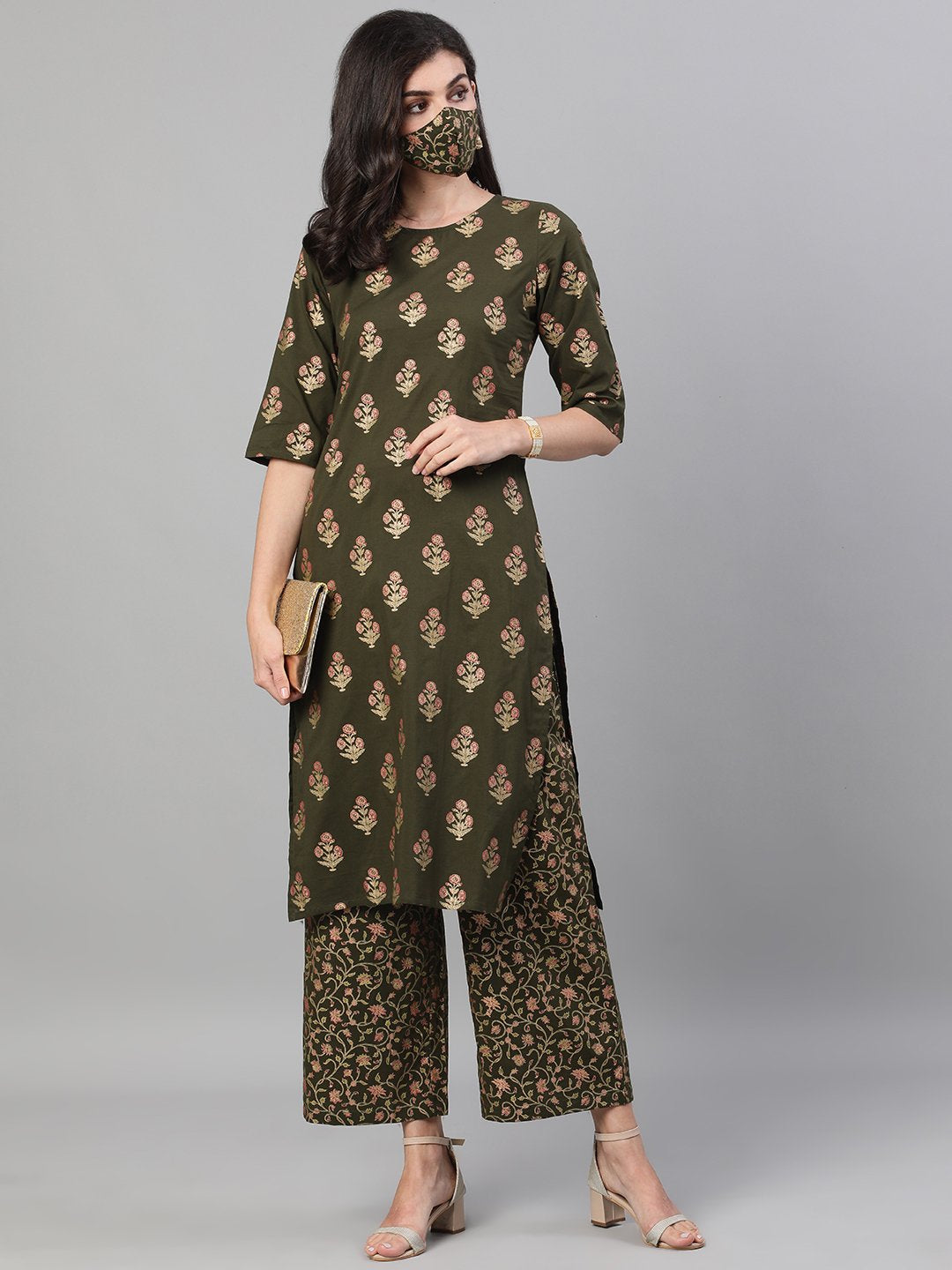 Women's Mehendi Green And Pink Gold Printed Three-Quarter Sleeves Straight Kurta With Palazzo With Pockets And Face Mask - Nayo Clothing