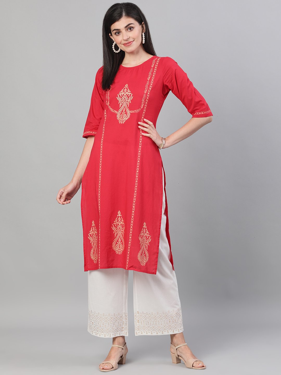Women's Red And White Three-Quarter Sleeves Block Printed Straight Kurta With Palazzo And Pockets - Nayo Clothing