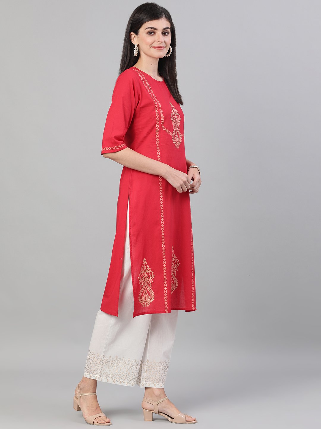 Women's Red And White Three-Quarter Sleeves Block Printed Straight Kurta With Palazzo And Pockets - Nayo Clothing