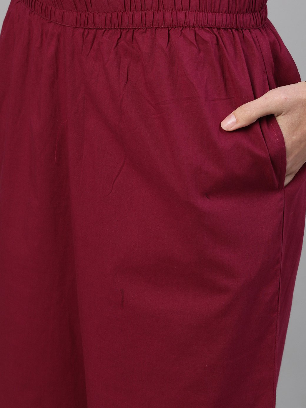 Women's Wine Three-Quarter Sleeves Block Printed Straight Kurta With Palazzo And Pockets - Nayo Clothing