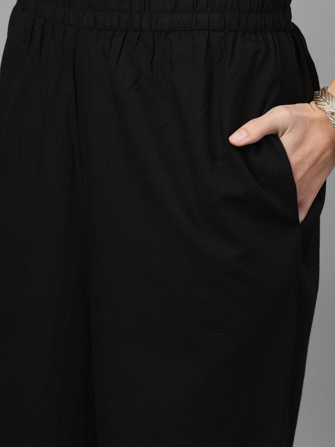 Women's Black Three-Quarter Sleeves Block Printed Straight Kurta With Palazzo And Pockets - Nayo Clothing