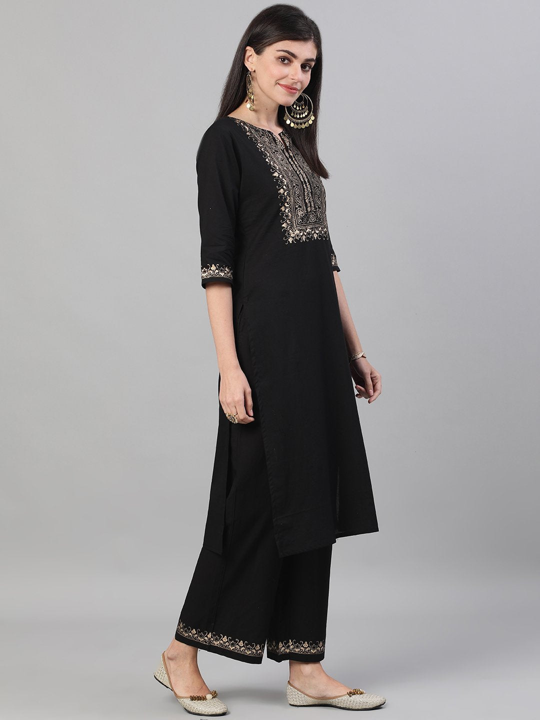 Women's Black Three-Quarter Sleeves Block Printed Straight Kurta With Palazzo And Pockets - Nayo Clothing