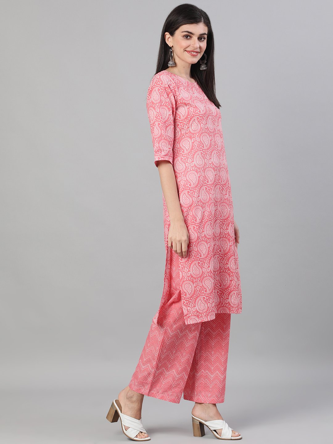 Women's Pink Three-Quarter Sleeves Ethnic Motif Printed Straight Kurta-Palazzo With Pockets And Dupatta - Nayo Clothing