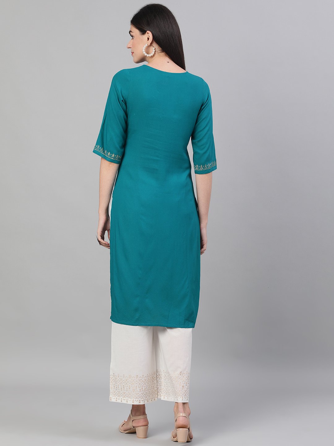 Women's Rama Green And White Three-Quarter Sleeves Block Printed Straight Kurta With Palazzo And Pockets - Nayo Clothing