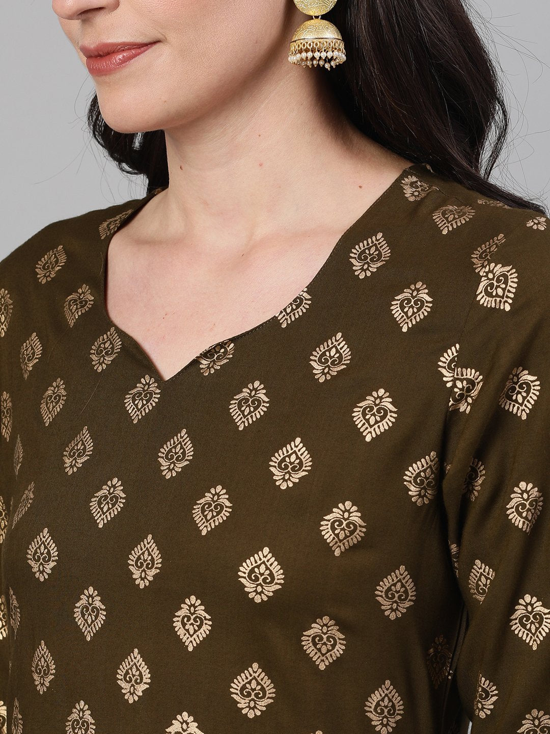 Women's Mehendi Green Three-Quarter Sleeves Gold Printed Kurta-Palazzo With Pockets And Fask Mask - Nayo Clothing