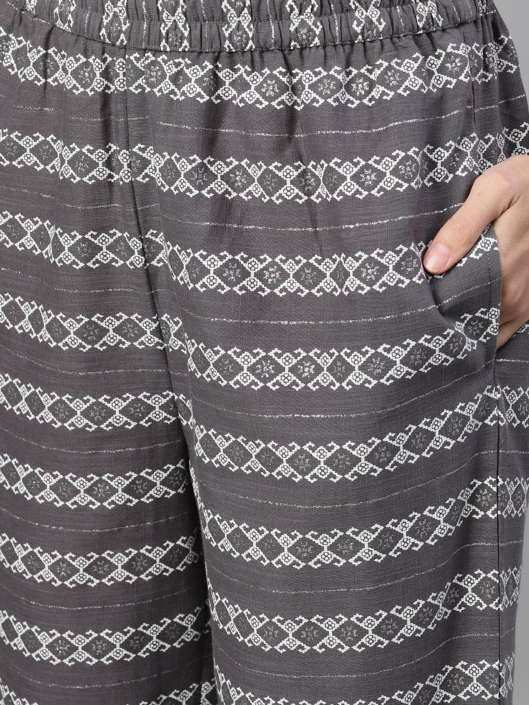 Women's Steel Grey Three-Quarter Sleeves Printed Kurta-Palazzo With Pockets And Face Mask - Nayo Clothing