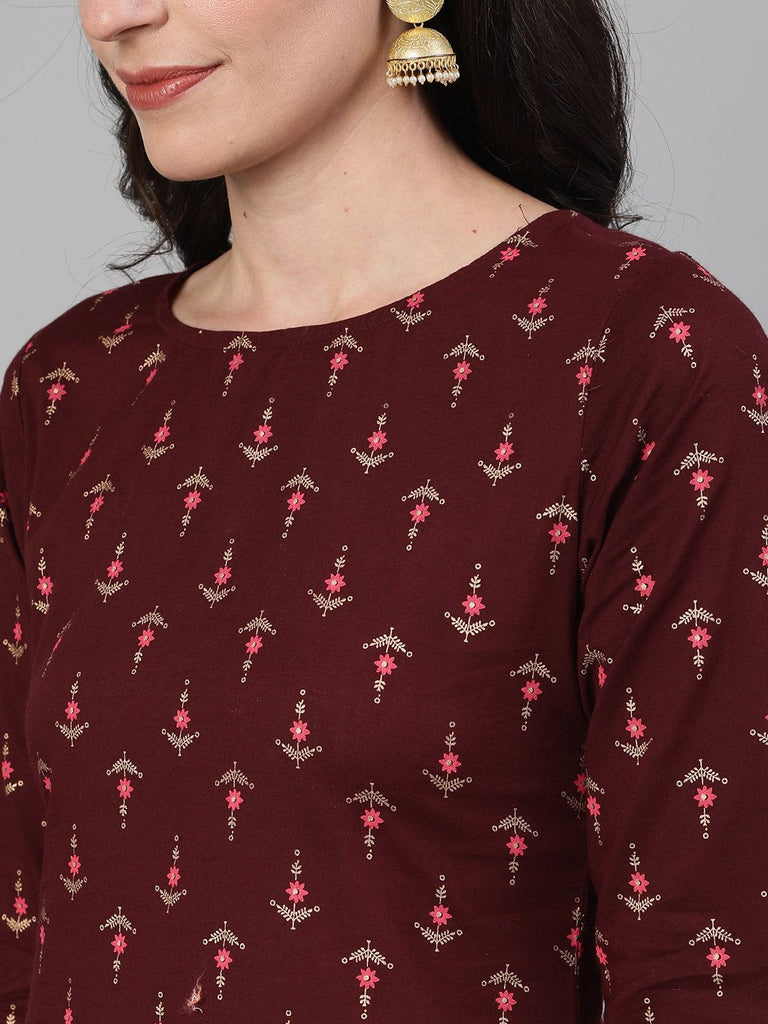 Women's Wine Three-Quarter Sleeves Printed Kurta-Palazzo with pockets and Face Mask