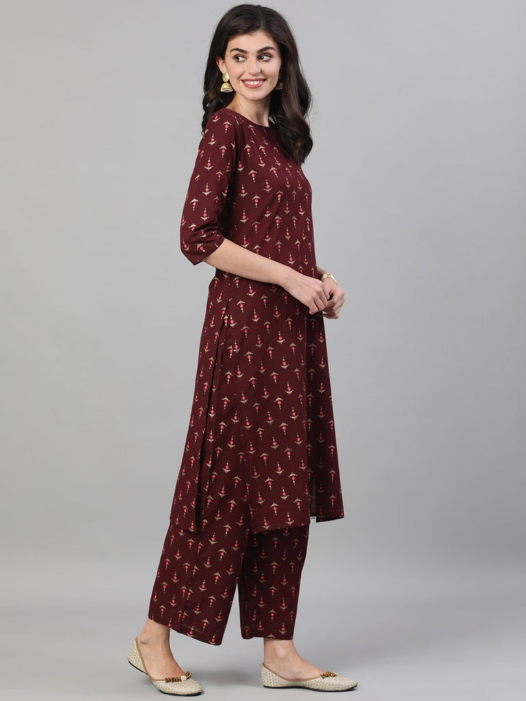 Women's Wine Three-Quarter Sleeves Printed Kurta-Palazzo with pockets and Face Mask