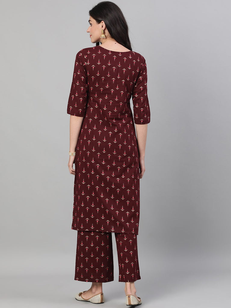 Women's Wine Three-Quarter Sleeves Printed Kurta-Palazzo with pockets and Face Mask