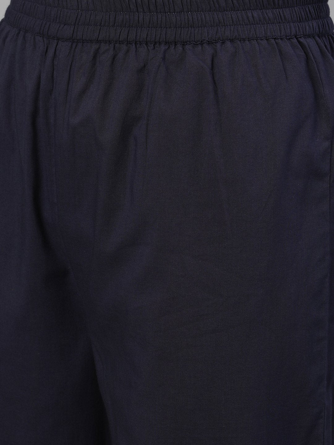 Women's Black Three-Quarter Sleeves Printed Kurta-Palazzo With Pockets And Face Mask - Nayo Clothing