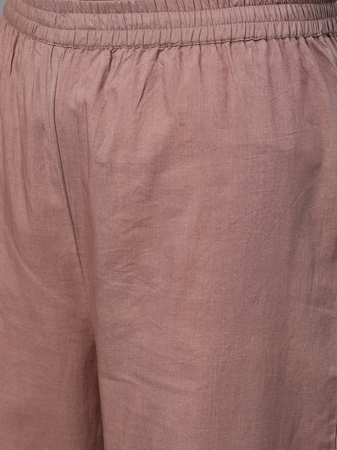 Women's Brown Three-Quarter Sleeves Printed Kurta-Palazzo With Pockets And Face Mask - Nayo Clothing