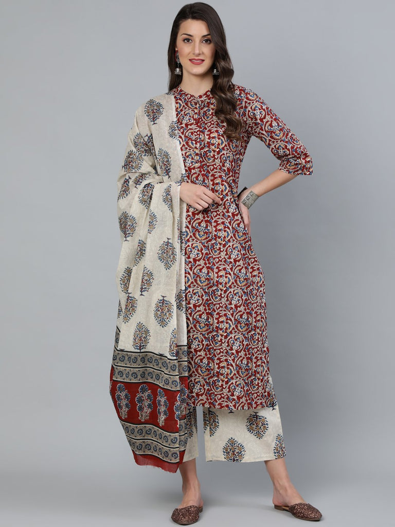 Women's Maroon & Cream Printed Straight Kurta Plazzo with Printed Dupatta
