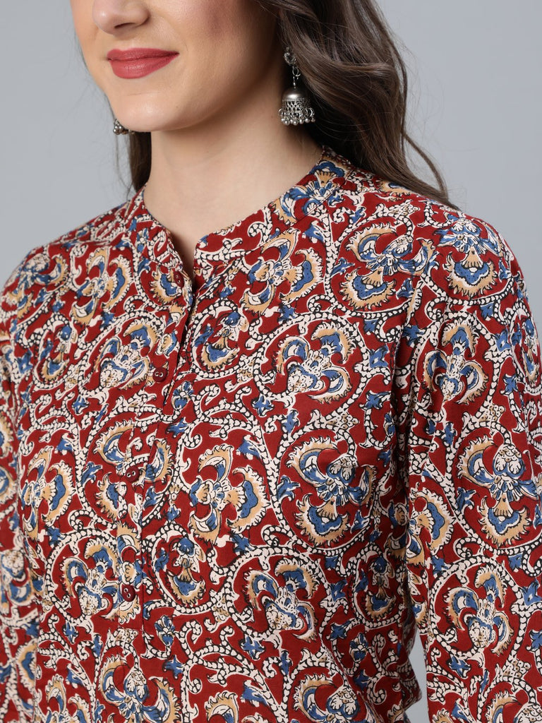 Women's Maroon & Cream Printed Straight Kurta Plazzo with Printed Dupatta